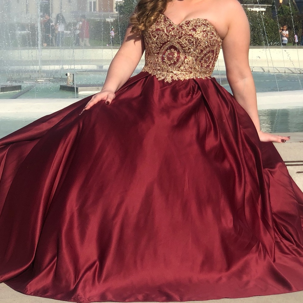 Burgundy Embroidered Satin Ball Gown Prom Dress
